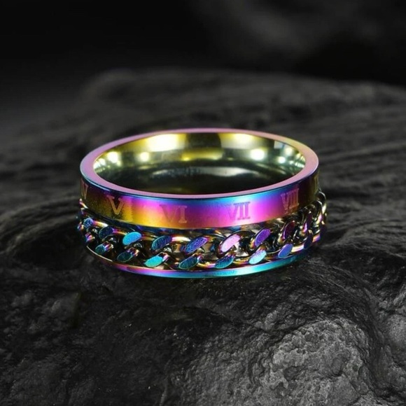 NEW SIZES 8mm Oil Slick Chain Spinner Ring Unisex Stainless Steel Roman Numerals - Picture 14 of 16